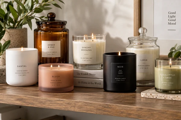 A variety of candle jar shapes and colors on a shelf