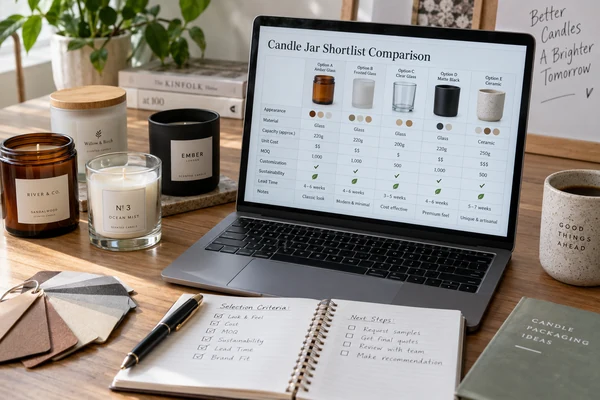 A spreadsheet showing a shortlist comparing different options for the best candle jars