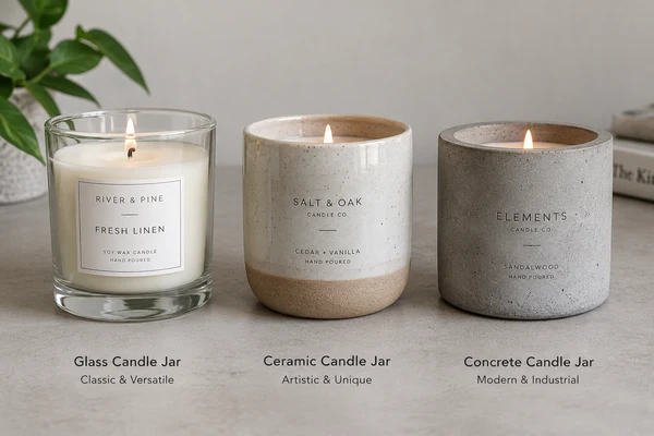 Side-by-side comparison of glass, ceramic, and concrete candle jar types