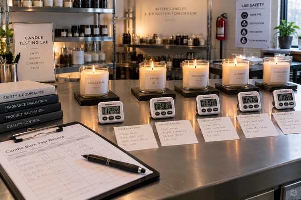 A lab setting with multiple candles undergoing a controlled burn test, with timers and note cards