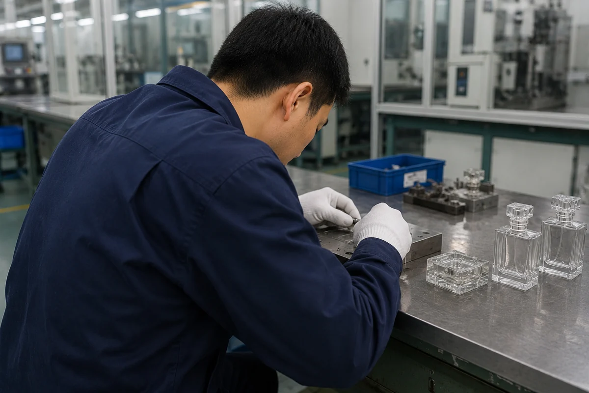 An engineer inspecting a mold for custom empty designer perfume bottles in a factory setting