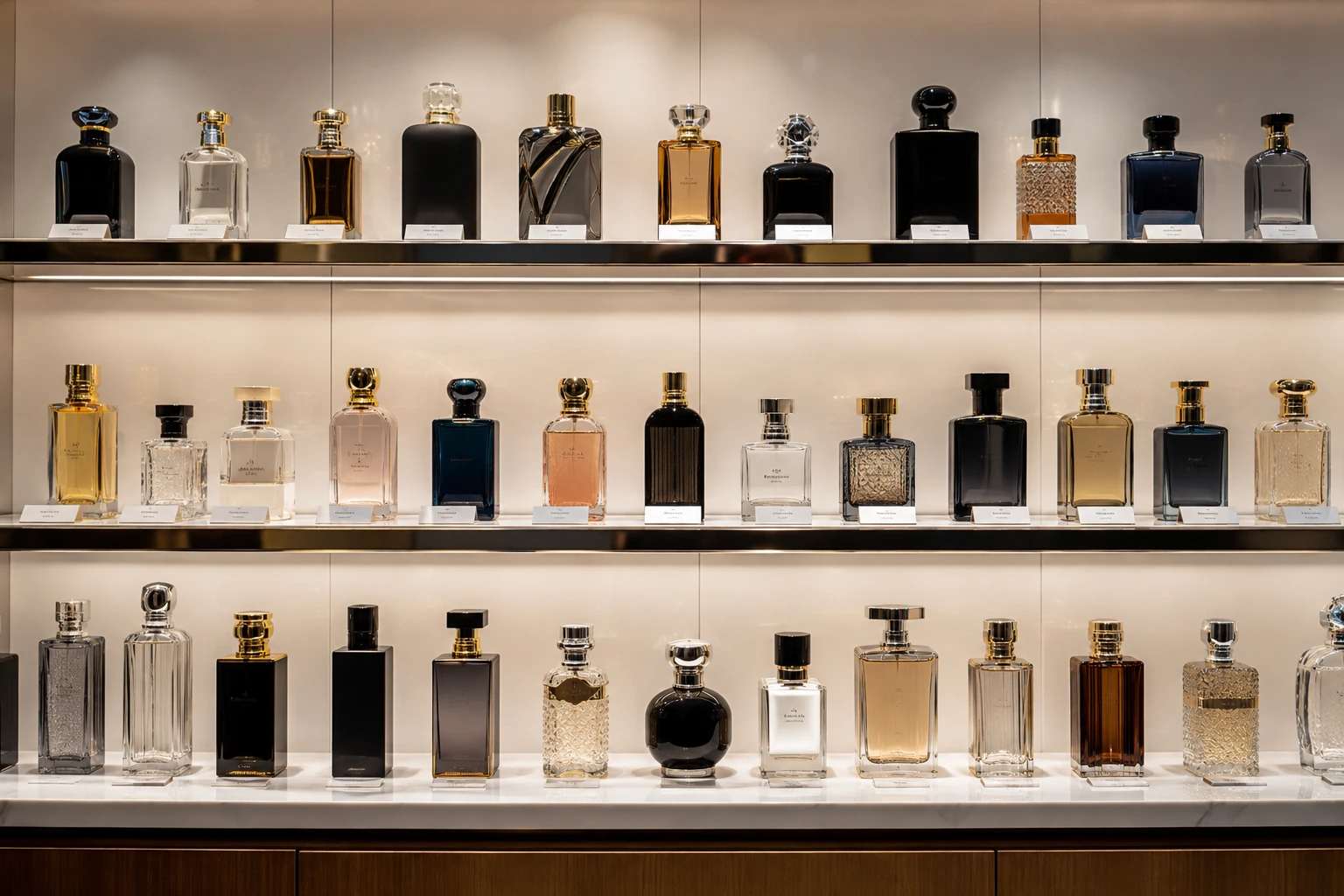 A display of various custom perfume bottles available for private label projects