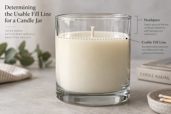 A close-up of a candle jar showing a clear line marking the usable fill level, with empty headspace above it