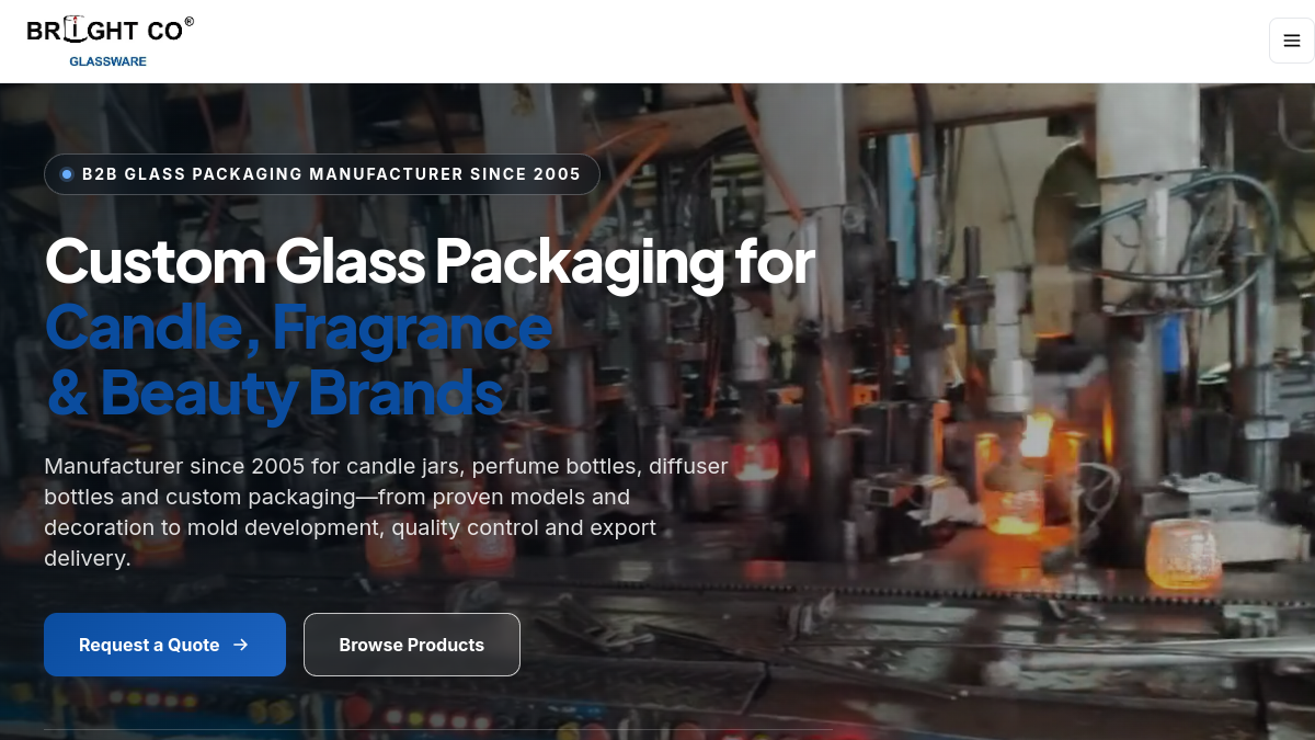 Bright Glassware official website homepage first-screen screenshot