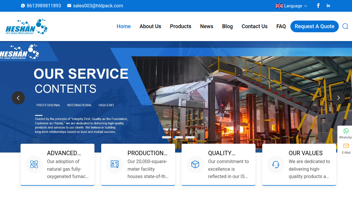 Tongxiang Heshan Art Glass official website homepage first-screen screenshot