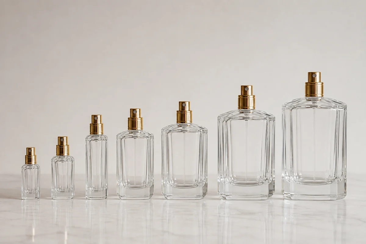 A lineup of identical empty designer perfume bottles in various sizes, from small to large