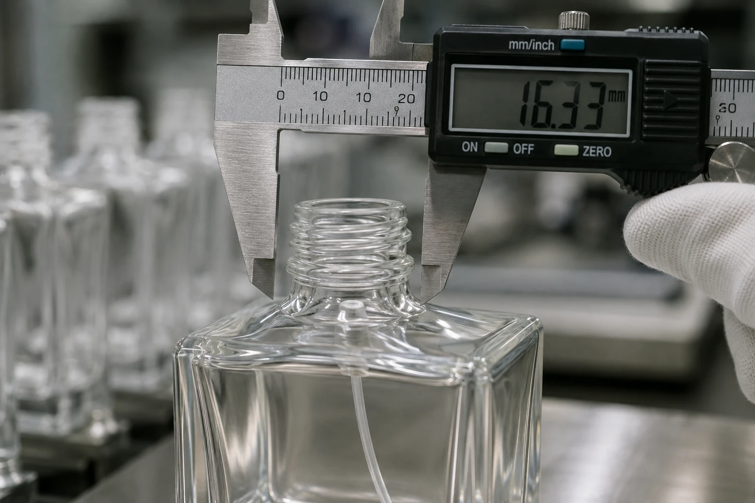 A close-up of the precisely engineered neck of a glass perfume bottle being measured