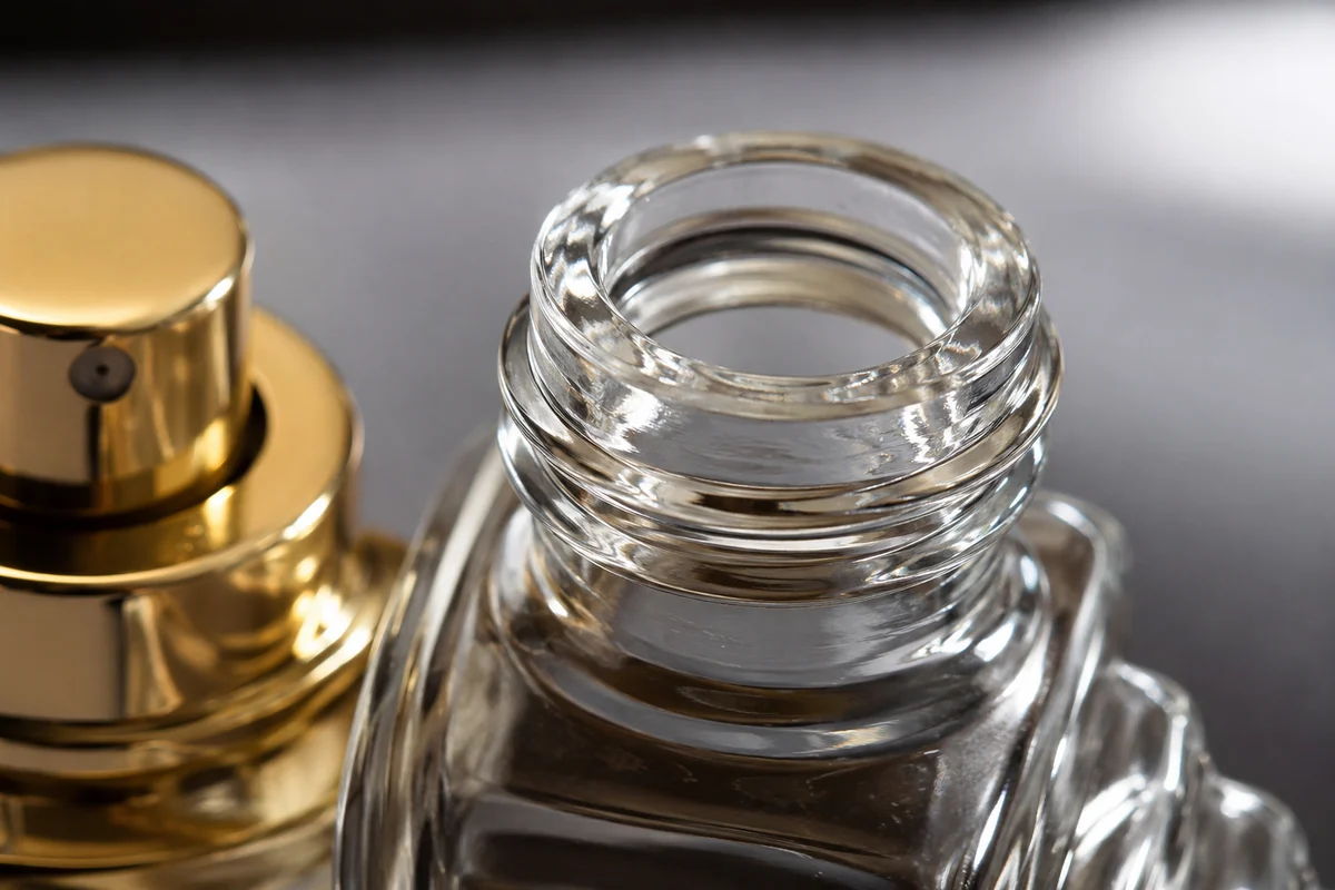 A close-up macro shot of the FEA crimp neck on a luxury glass perfume bottle