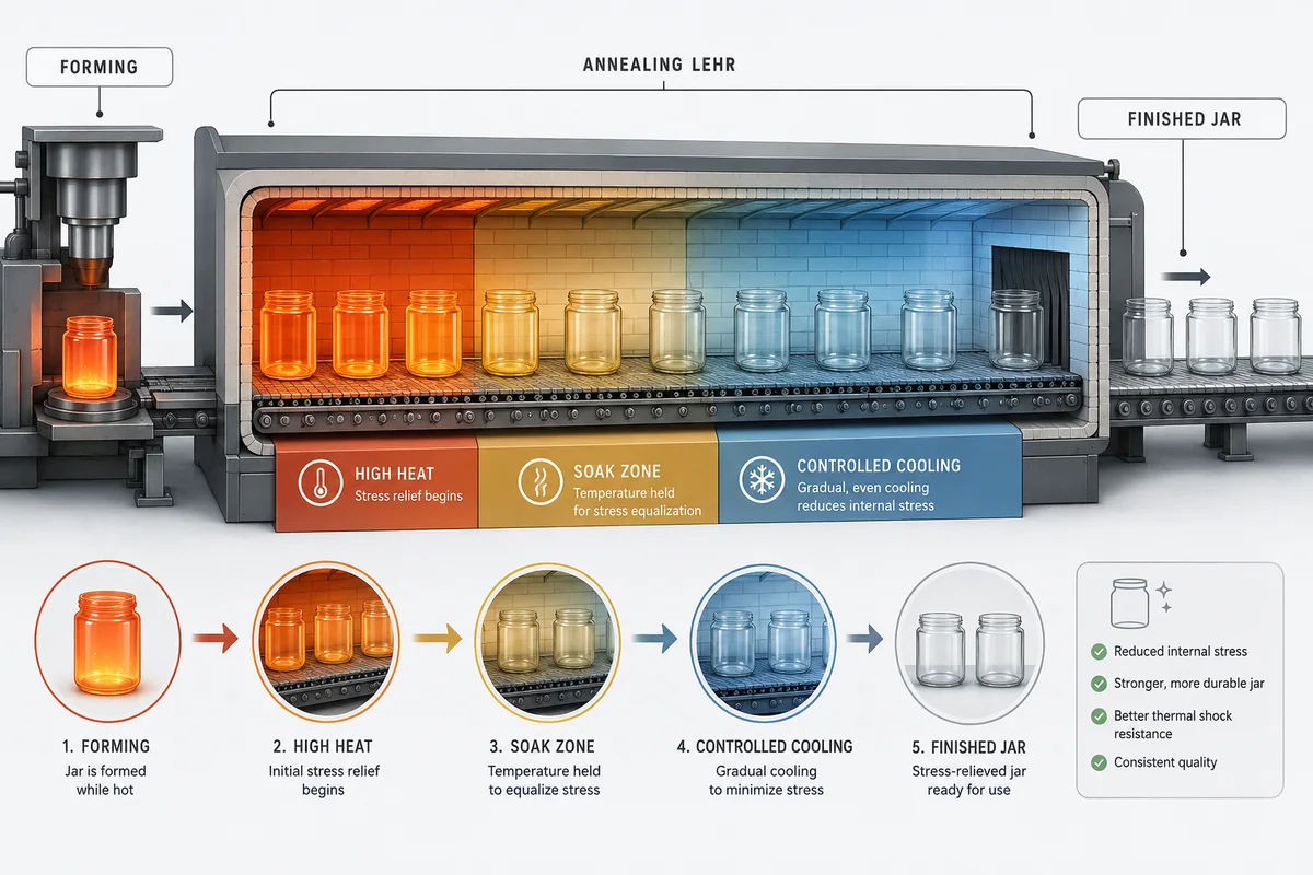 Diagram showing the annealing process for glass candle jars to relieve thermal stress