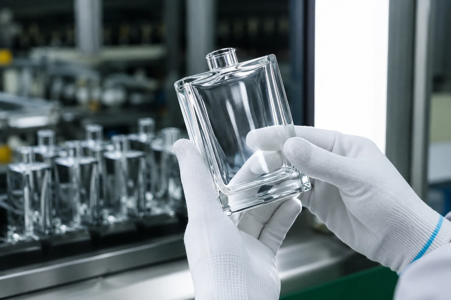 Crystal clear high flint glass being inspected for premium perfume bottles
