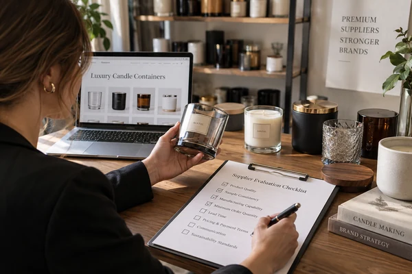 An inspector examining a luxury candle jar sample for quality control defects