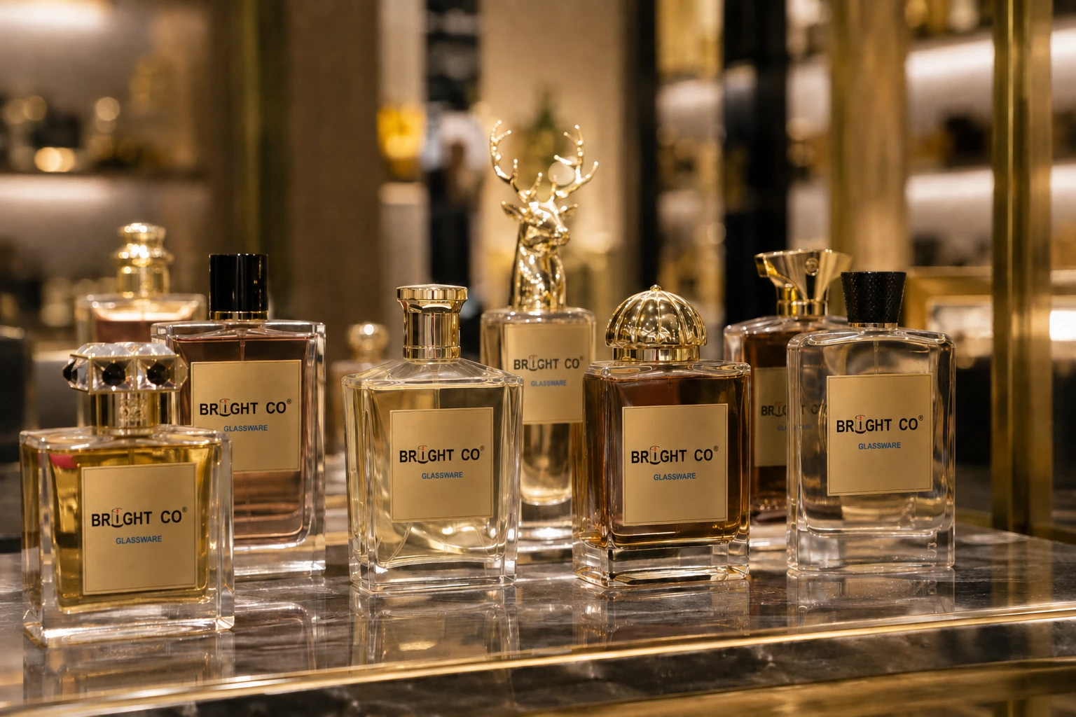 A collection of expertly manufactured luxury perfume bottles on a display shelf