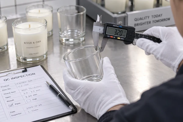 A quality inspector using calipers to measure the wall thickness of a glass candle jar