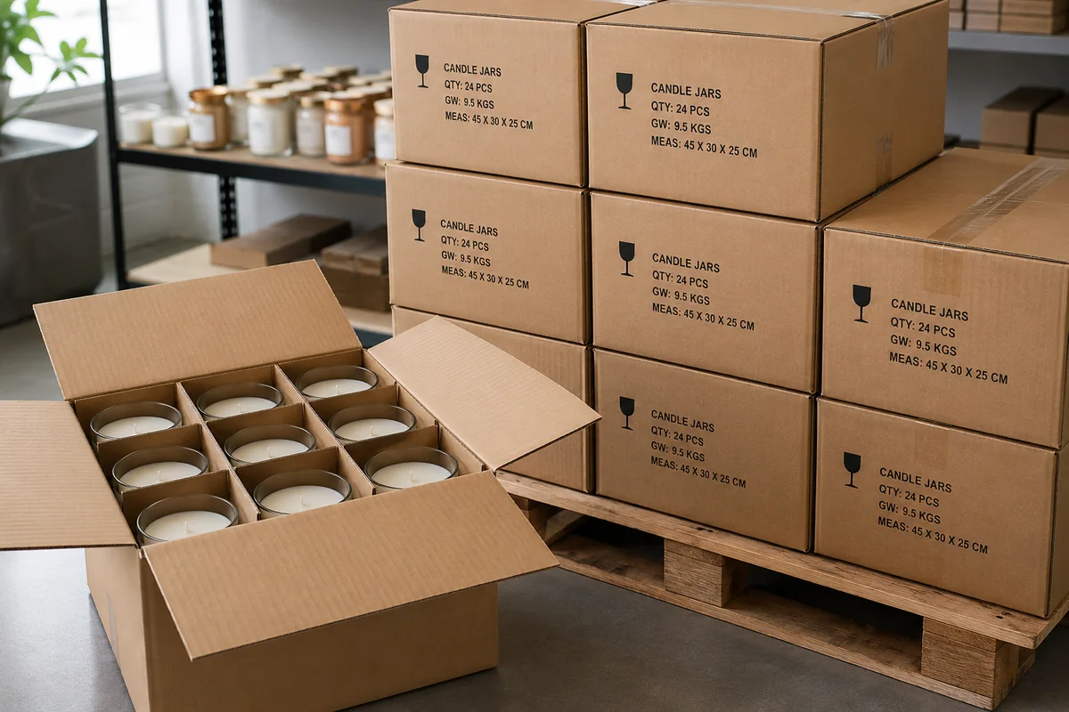 A stack of retail-ready master cartons for candle jars, showing how they are organized for shipping