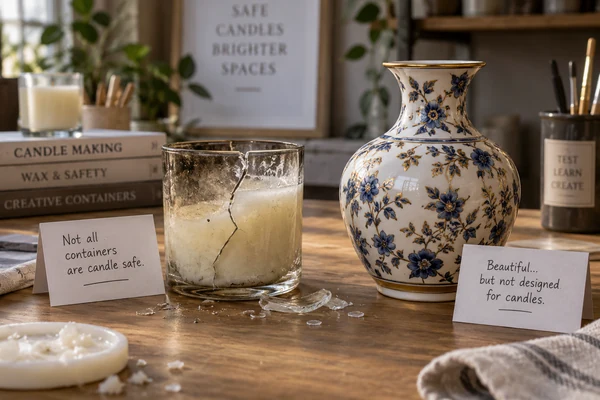 A cracked candle jar next to a beautiful but unsuitable decorative vase, showing the risk of using the wrong vessel