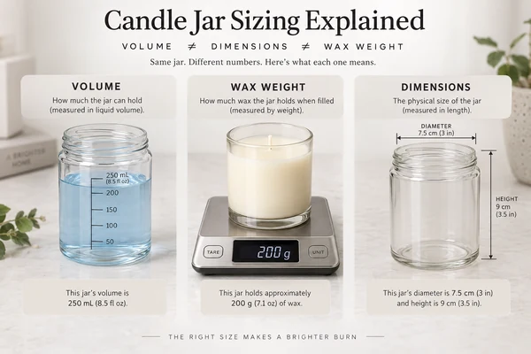 An infographic illustrating the difference between a jar's volume, its physical dimensions, and the final wax weight