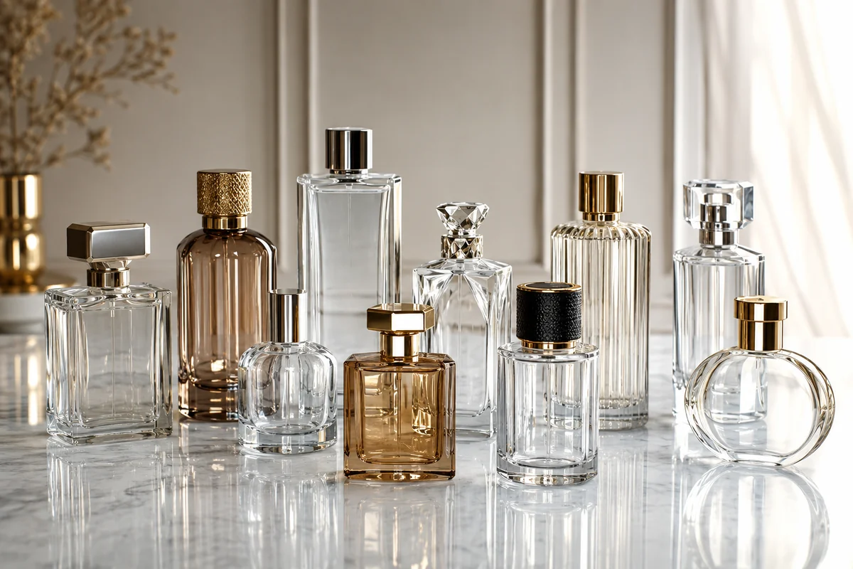 A collection of empty designer perfume bottles with various shapes and caps on a reflective surface