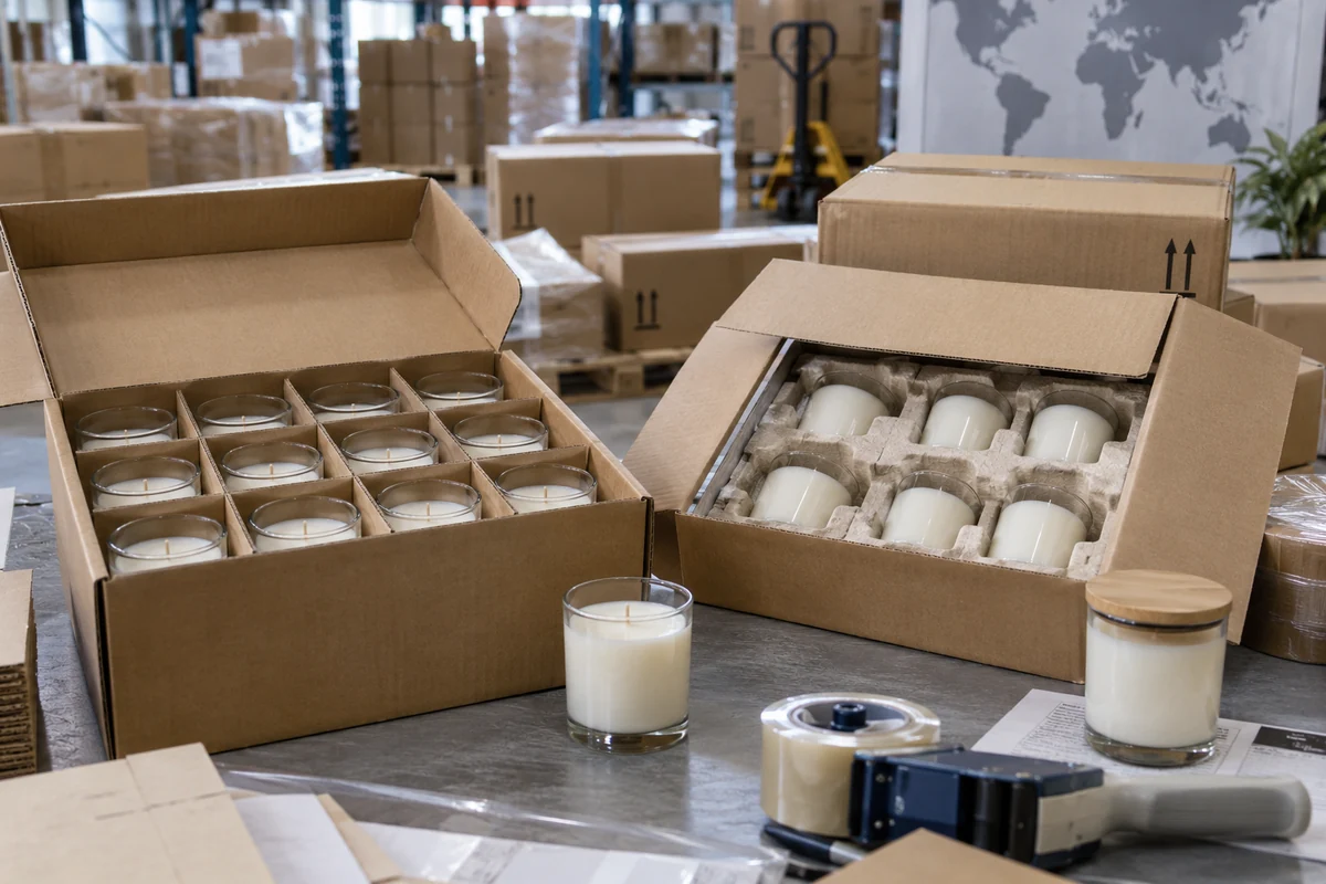 ISTA 3A tested export packaging for glass candle jars