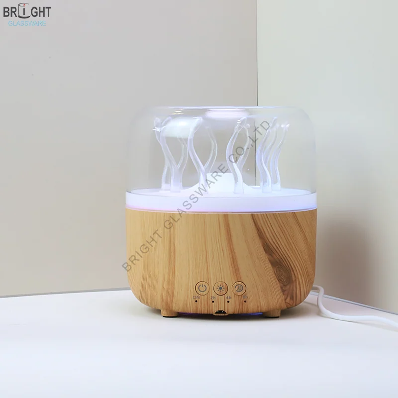 280ml wood-grain aroma diffuser with clear dome and illuminated jellyfish-style inner display