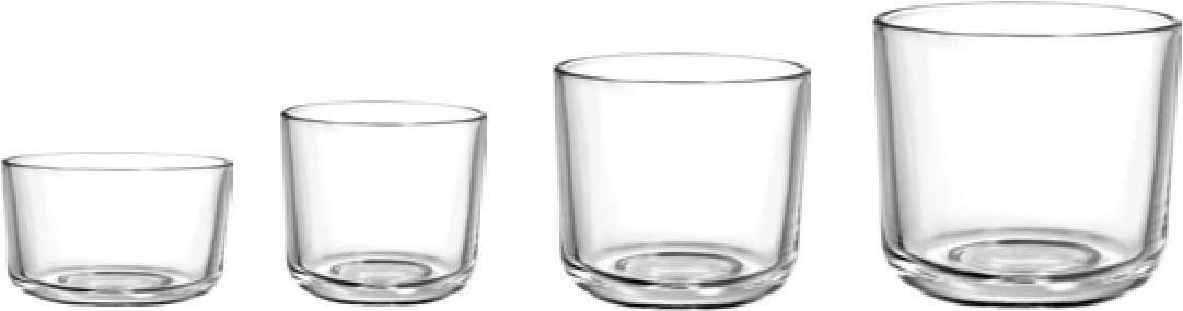 Four clear rounded candle jars, including a low wide vessel and three taller sizes