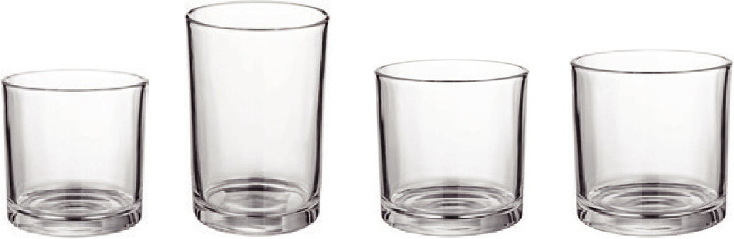 Four large clear glass candle tumblers with short, tall and wide profiles