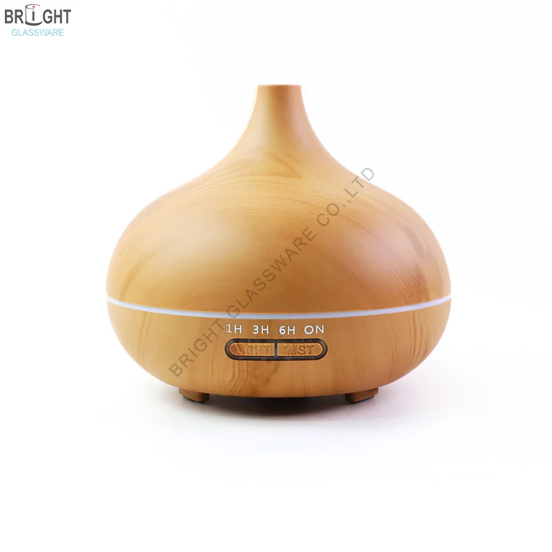 550ml teardrop aroma diffuser with light wood-grain finish and front timer controls
