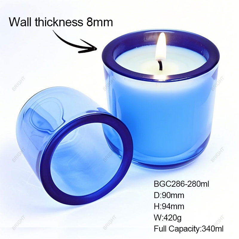 Thick-wall candle jar series with model dimensions in a Bright Glassware catalog