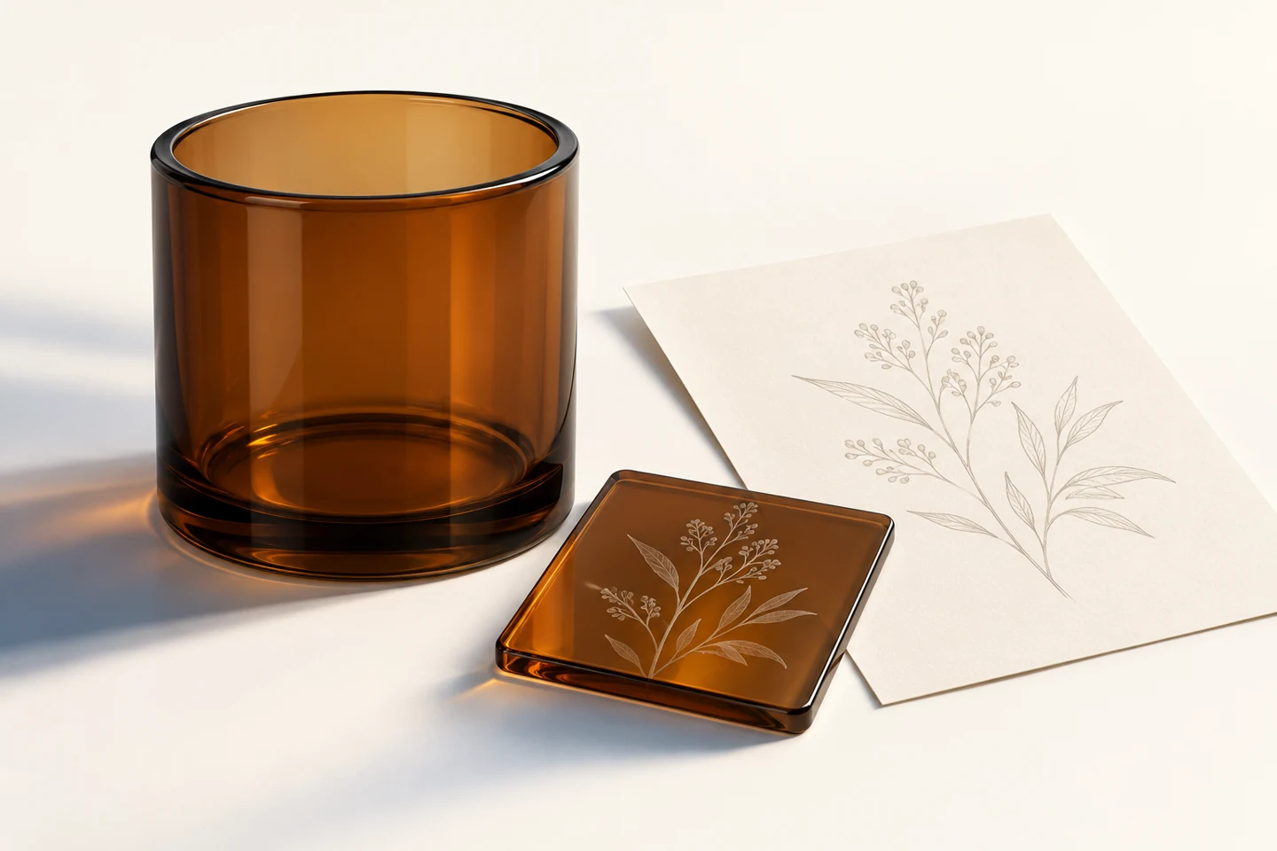 Illustrative artwork and surface sample discussion for candle jar engraving
