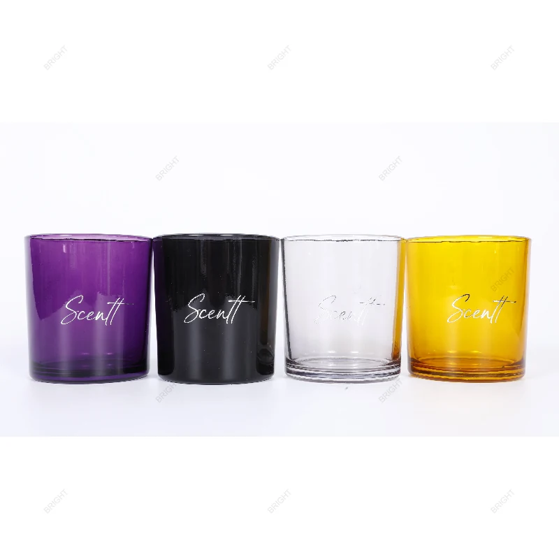 Colored cylindrical candle glasses with decorative logo examples