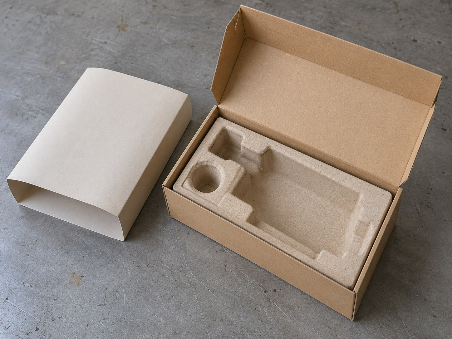 Empty bottle-shaped molded-pulp insert and cap recess inside a plain retail carton