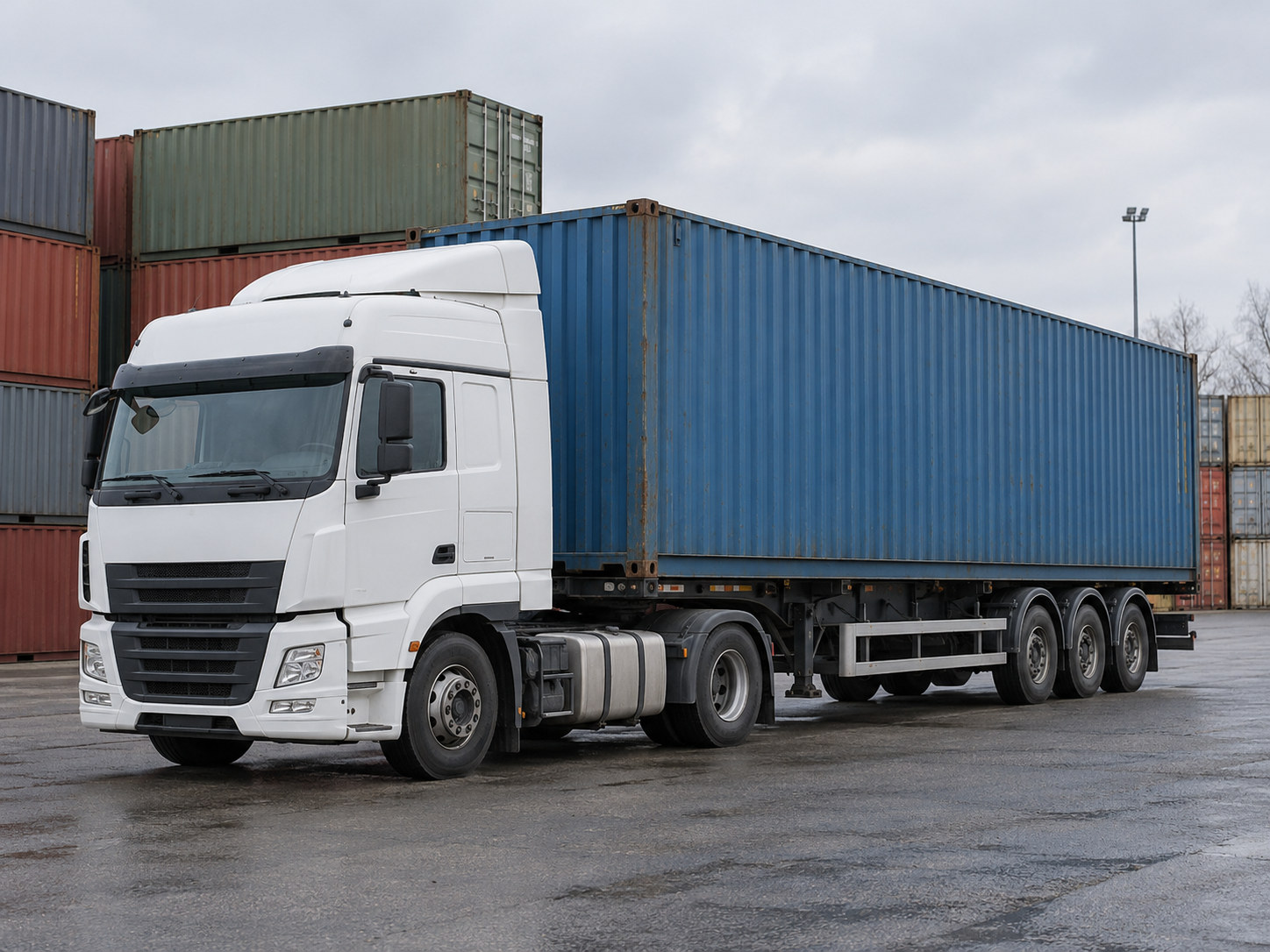 Container freight transport concept Unbranded container truck parked in an anonymous freight yard