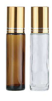 Amber and clear roll-on bottle formats with gold-colored caps