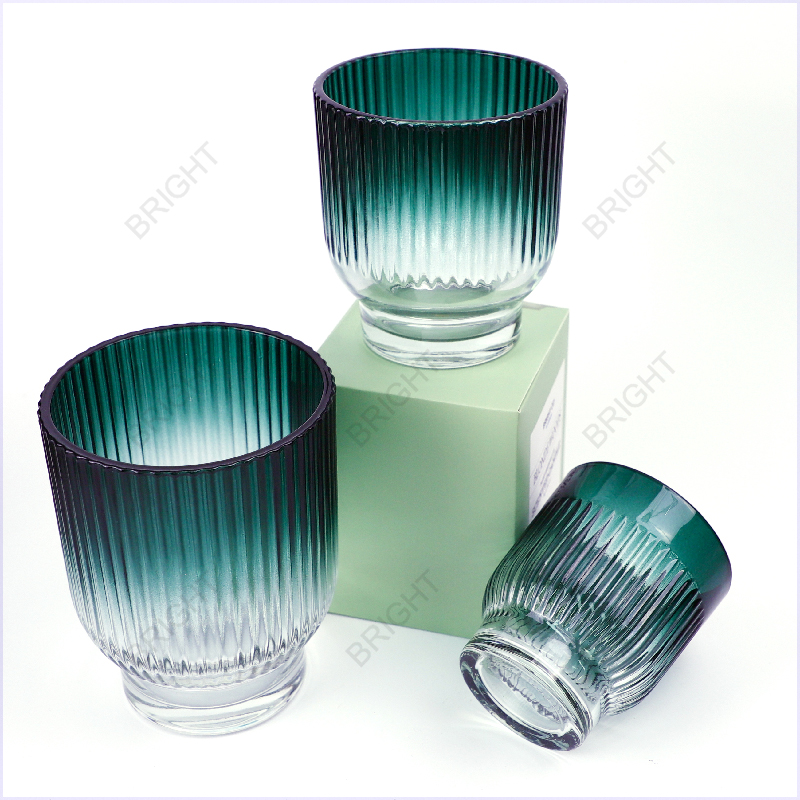 Green gradient ribbed glass candle jars