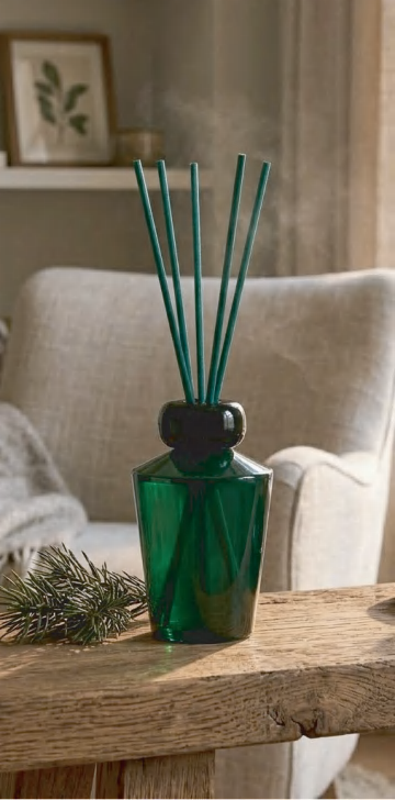 Green reed diffuser bottle on a table beside a chair Green reed diffuser bottle on a table beside a chair