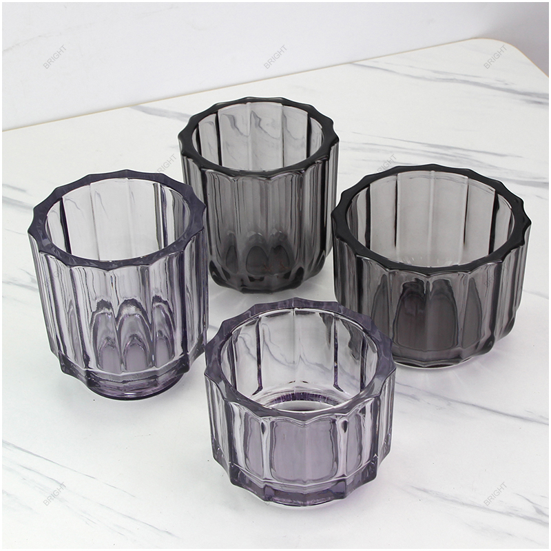 Smoky ribbed glass candle jars in several sizes