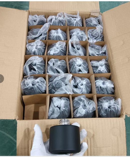 Coated glass diffuser bottle beside individually bagged bottles in a divided carton Coated glass diffuser bottle beside individually bagged bottles in a divided carton