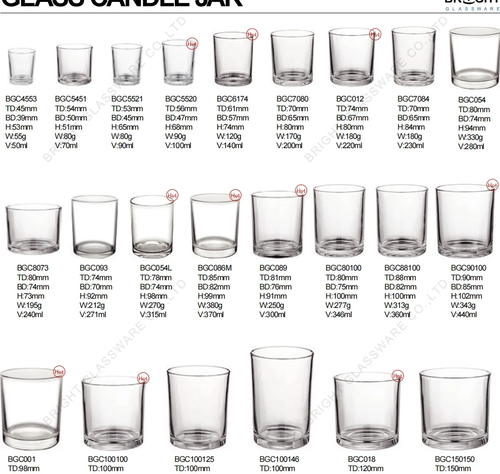 Bright Glassware catalog examples of classic straight-sided glass candle jars