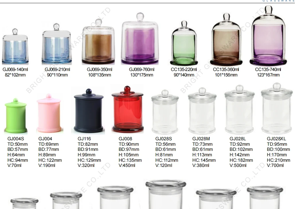 Glass cloche and glass lid candle jar styles from the Bright Glassware catalog