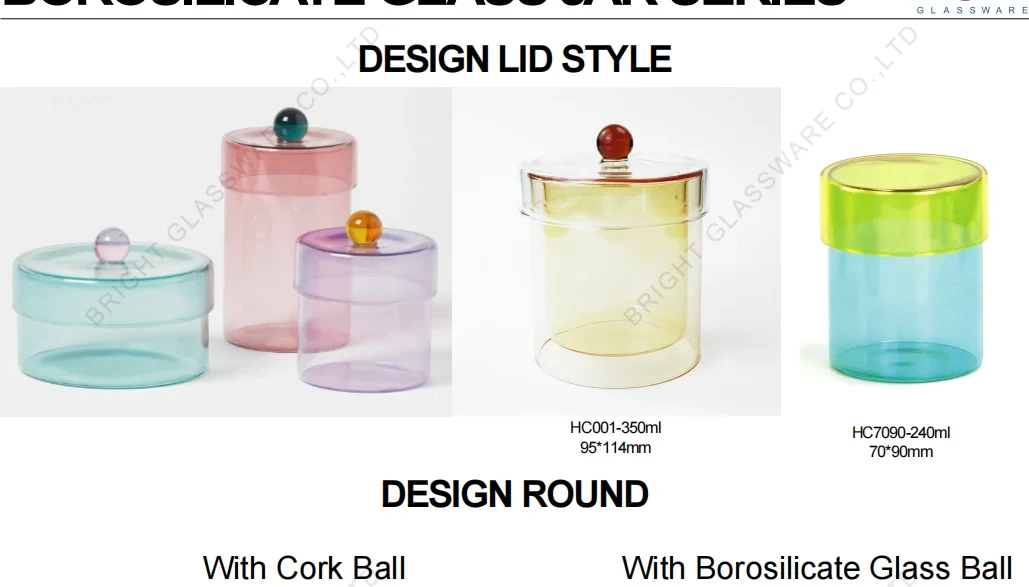 Bright Glassware glass candle jars with varied glass lid colors and decorative lid designs