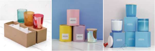 Glass candle jars with kraft, round and printed gift boxes