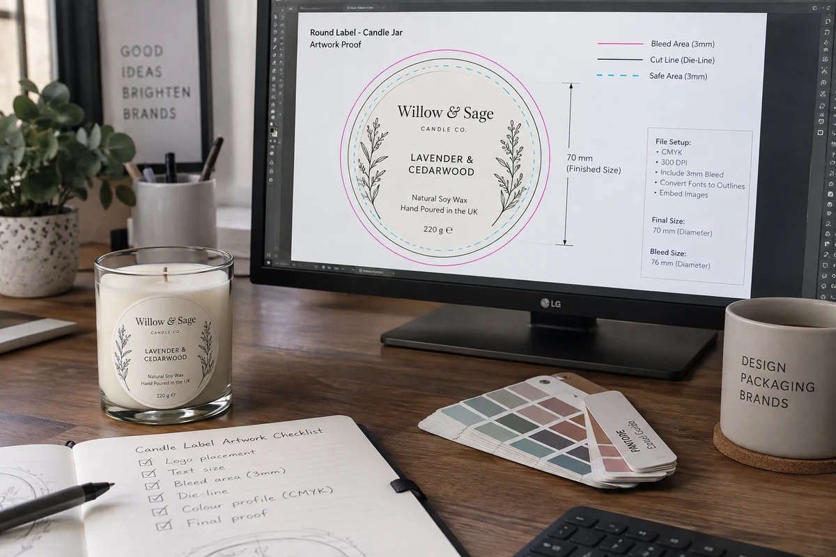 A digital artwork proof showing the die-lines, bleed area, and final design for a round candle jar label.