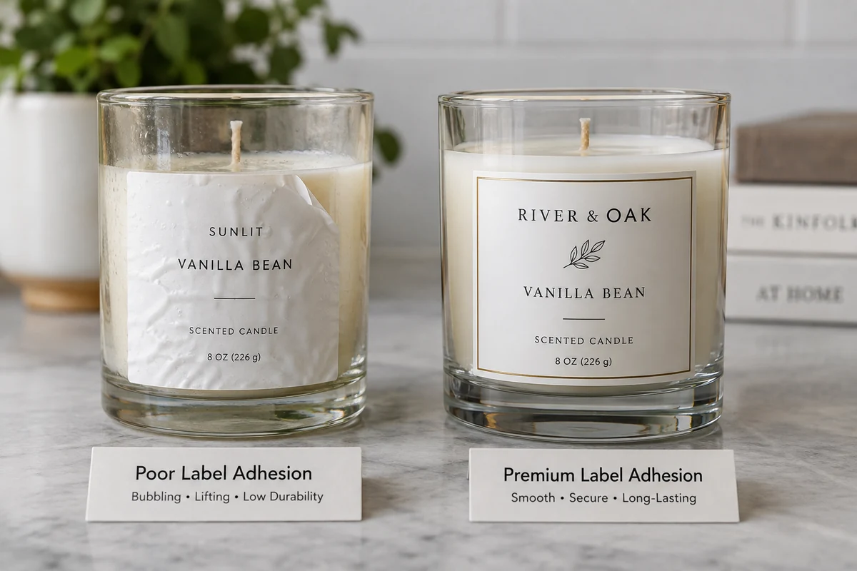 A side-by-side comparison showing a bubbling label on a poor-quality glass surface versus a smooth, perfectly adhered label on a high-quality candle jar.