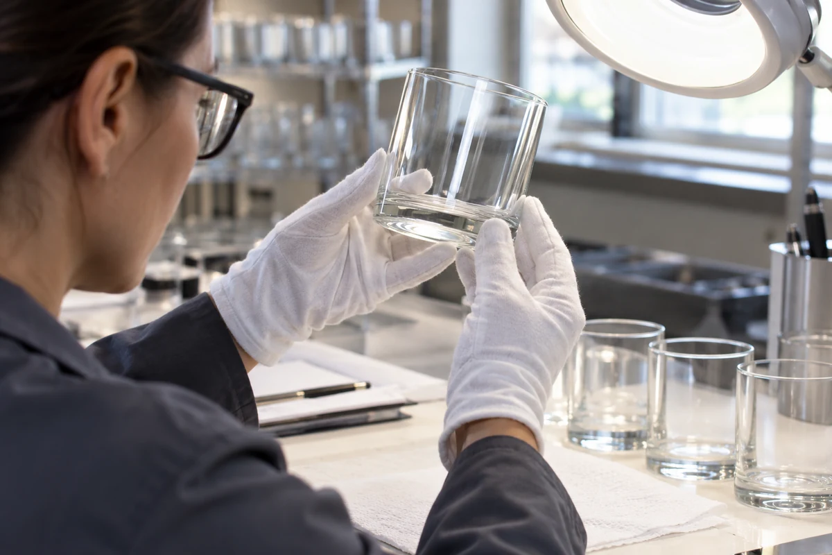 An inspector holding a high-clarity glass candle jar up to the light to check for imperfections before it is sent for spray painting.