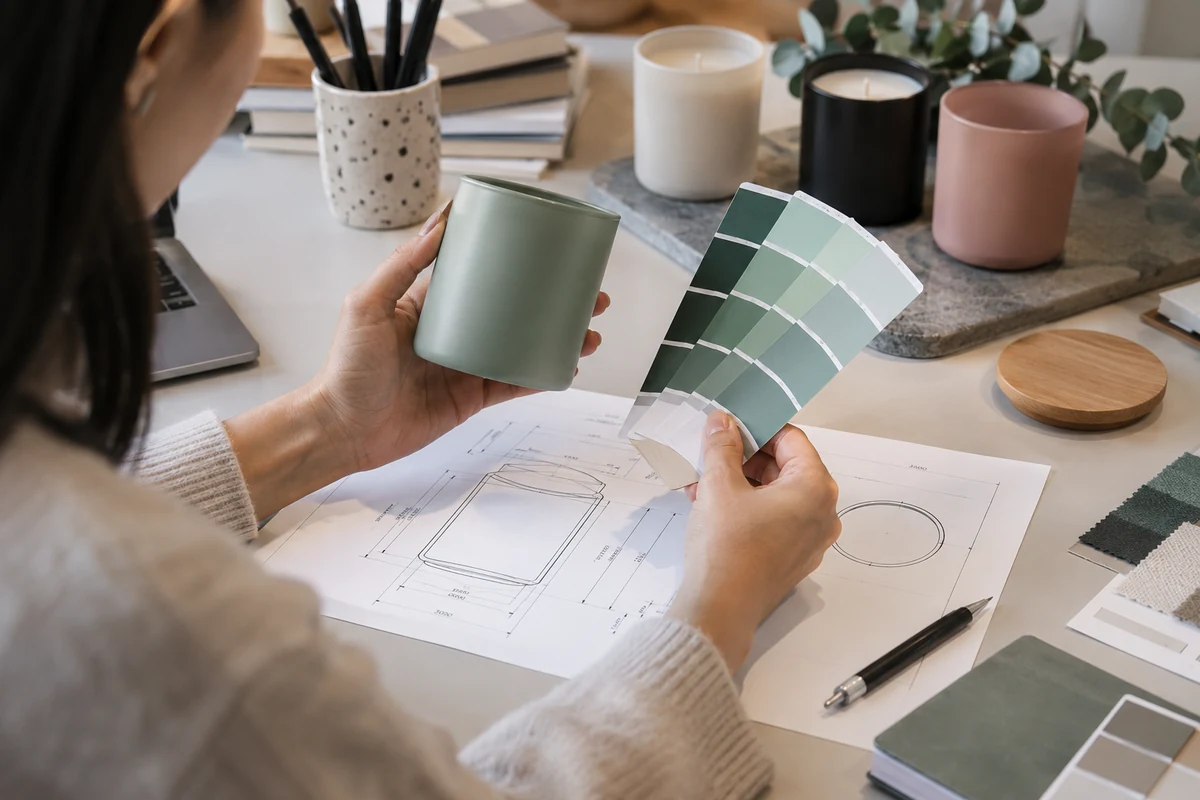 A designer pointing to a specific Pantone color swatch on a guide, planning the color for a custom candle jar.