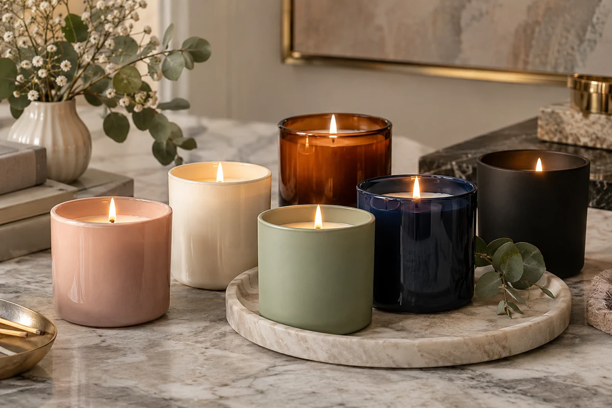 A collection of beautifully spray painted candle jars in various matte and gloss colors.