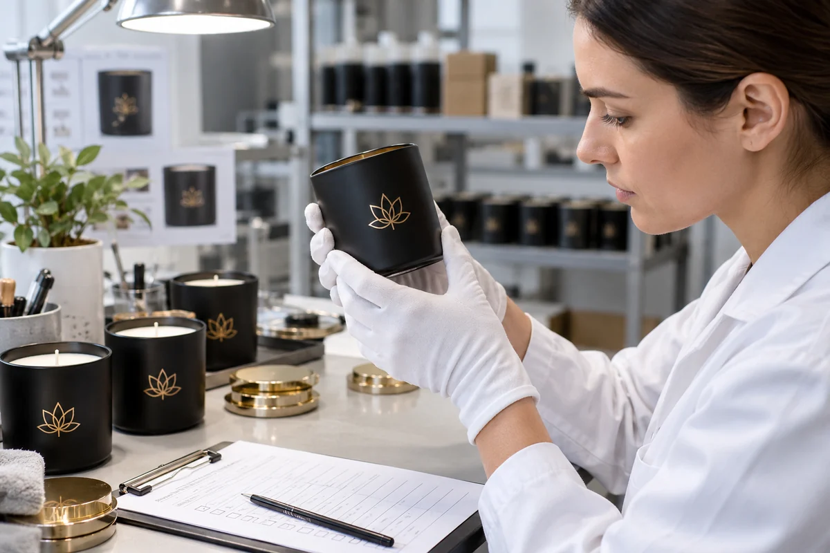 A quality control inspector examining a finished black matte candle jar with a gold logo