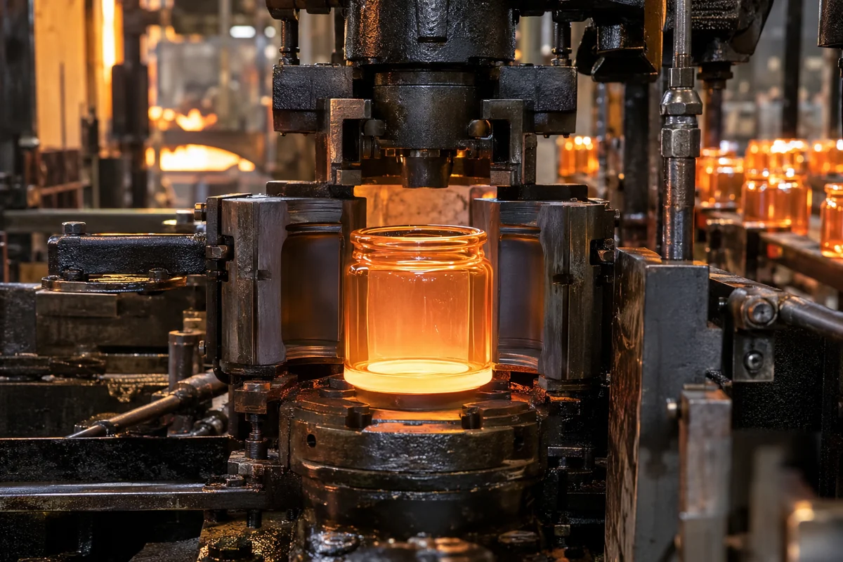A glowing hot glass candle jar emerging from a metal mold in a factory