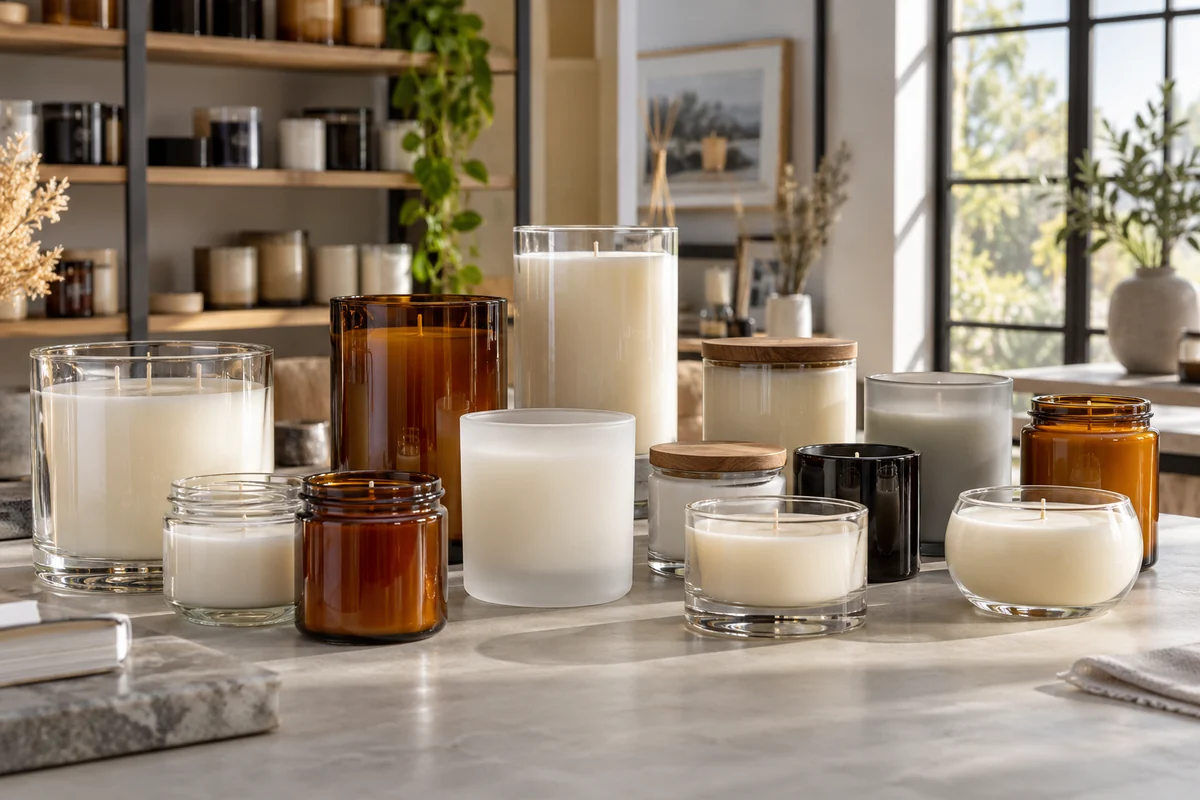 A collection of glass candle jars in various shapes and sizes, showcasing different specifications
