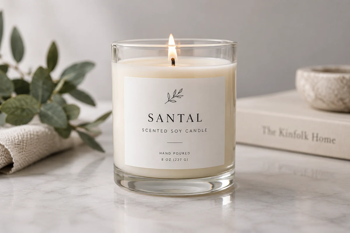 A perfectly applied white label on a clear glass candle jar, showcasing proper sizing and placement.