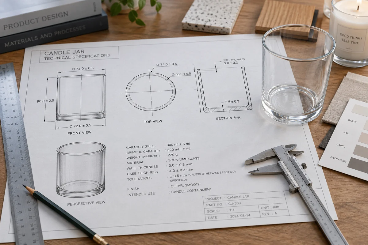 A detailed technical drawing showing how to make candle jars with precise specifications